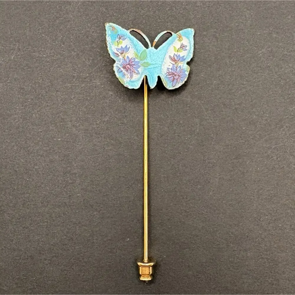 Vintage Enameled‎ Blue Butterfly Floral Flowers Stick Pin Brooch Gold Tone